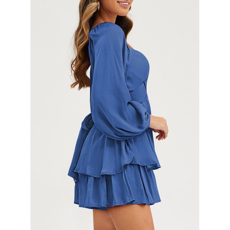 Fixmatti Women Ruffle Rompers Long Lantern Sleeve Shorts Boho Chiffon