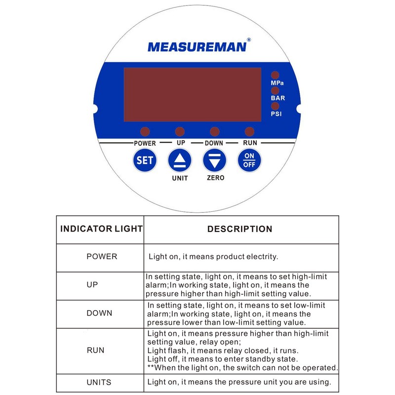 MEASUREMAN 3-1/8" Dial Size Stainless Steel Industrial Digital Pressure Control,