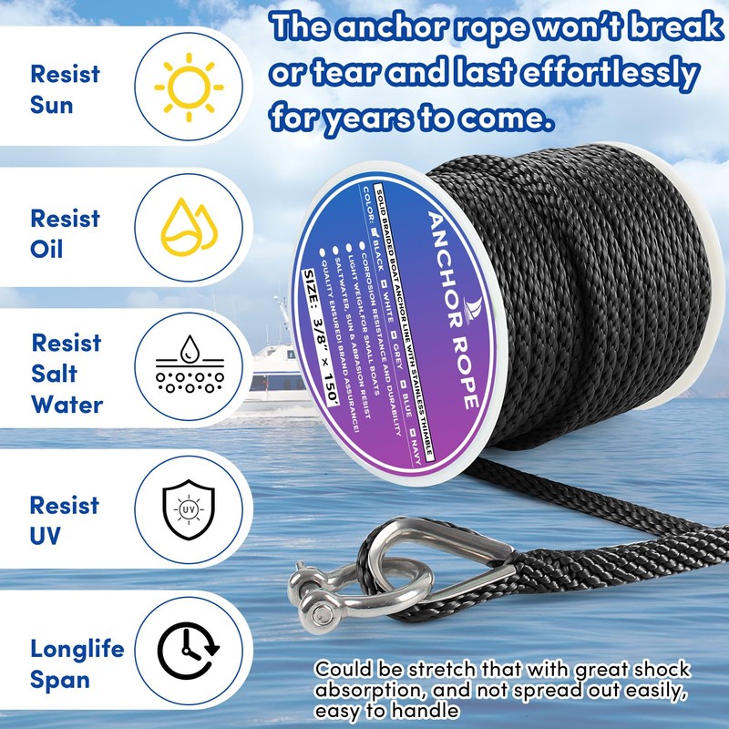 Premium Anchor Rope 150 ft x 3/8 inch, Solid Braid