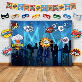 Superhero Birthday Fabric Backdrop – 62x43 Inches Polyester Photo Booth Banner with Comic Cityscape Design, Includes 20ft Hanging Rope for Indoor and Outdoor Party Decorations