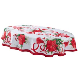 Home Bargains Plus Christmas Holiday Tassels 60 x 84 Inch Oval Fabric Tablecloth, Festive Red Poinsettia Garland Stain Resistant Easy Care Table Cover for Dinner Party and Banquet