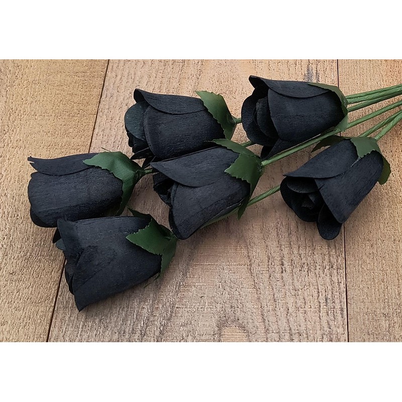 6 Black Half Open Bud Wooden Roses for Crafts Custom