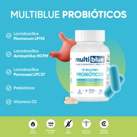 MULTIBLUE PROBIÓTICOS | Más de 30 billones de probióticos. (1 Frasco, 30 Cápsulas, Sin Gluten, Libres de OMG’s, 100% Naturales, Formulado por Doctores en USA). Probióticos, prebióticos y vitamina D3.