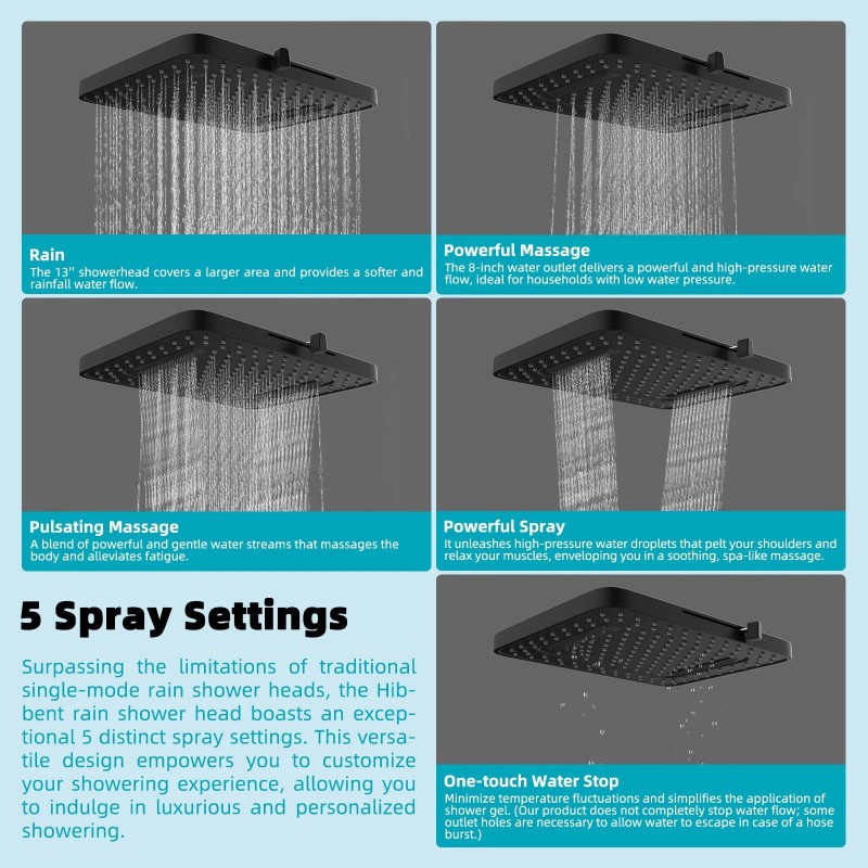 Hibbent High Pressure Adjustable 13” Square Shower Head,Rainfall 5 Spray