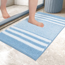 Biscpro Bath Mat Rug Extra Soft and Absorbent Fluffy Striped Chenille,Non Slip Shaggy Bathroom Floor Mat,Machine Washable (Light Blue, 50 x 80 cm)