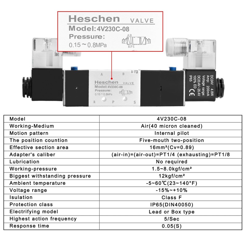 Heschen Electrical Pneumatic 4 Solenoid Valve, 4V230C-08, 24VDC, PT1/4, 5