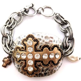 Western Peak Western Vintage Tritone Hammered Plate Cross Chain Rhinestone Charm Bracelet (Silver-Copper)