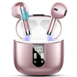 Wireless Earbuds, 2024 Bluetooth Headphones 5.3 Ear buds Built-in ENC Noise Cancelling Mics, 40H Stereo Bass Bluetooth Earbuds with Dual LED Display, IP7 Waterproof Earphones for Android iOS, Rosegold