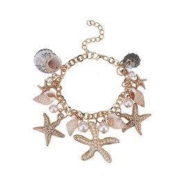 PandaHall Elite 1 Strand Starfish Shell Bracelets, Conch Starfish Faux Pearl Anklet Bracelet, Charm for Women, Bohemian, Adjustable Shell Bracelet, 18.7 cm