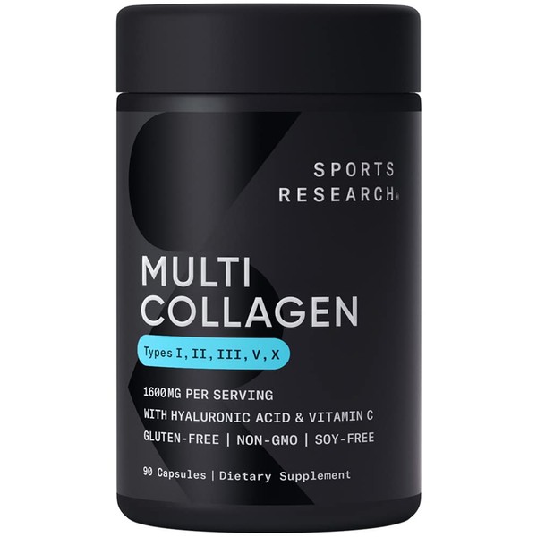 Sports Research Multi Collagen Pills (Type I, II, III, V, X) Hydrolyzed Collagen Peptides with Hyaluronic Acid + Vitamin C | Non-GMO Verified & Gluten Free - 90 Capsules
