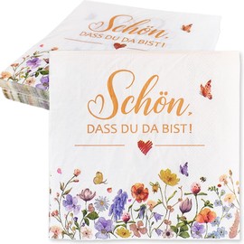 ENYACOS Pack of 40 Serviettes Schön Dass Du Da Bist - Vintage Flower Napkins 33 x 33 cm - Napkins Wedding, Birthday, Christening, Garden Party, Spring - Table Decoration Birthday (A)