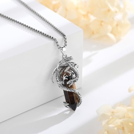 EUDORA Vintage Dragon Tigers Eye Necklace for Women Men, Silver Plated Copper Viking Dragon Tigers Eye Pendant Amulet Energy Gothic Jewelry, Gift for Women Men Dad Mother Mom, Chain 20" +24"