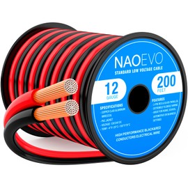 NAOEVO 12 Gauge Wire 200FT, 2 Conductors Electrical Wire Red Black Cable, Flexible/Low Voltage/PVC 12 AWG Copper Clad Aluminum Extension Cord for Speaker, LED Strips, Automotive 12V/24V DC