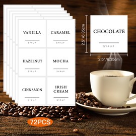 GSCWLD 72PCS Coffee Syrup Labels for Coffee Bar,Waterproof Coffee Syrup Pump Stickers,White Coffee Syrup Dispenser Stickers for Glass Bottles(2.5"x2.5")