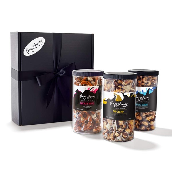 Funky Chunky Gourmet Popcorn Three Flavor Snack Care Package Variety Pack: Sea Salt Caramel, Chip Zel Pop, and Chocolate Pretzel,19oz in Gift Box