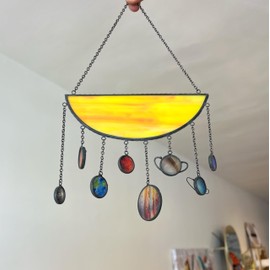 Solar System Stained Glass Suncatcher Hanging Wall Decor, Space Gift for Kids, Planets Indoor Window Art, Metal Chain Hook, (Solar System)