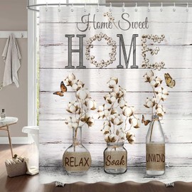 PAOPOED Farmhouse Shower Curtain, Cotton Flowers Country Rustic Neutral Bathroom Decor, Waterproof Cloth Fabric Bath Curtain with Hooks 72 x 72 inch