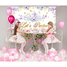 Telón de fondo para fiesta de té, diseño floral de mariposa con purpurina Let's Partea, té de la tarde, baby shower, decoración de fiesta de cumpleaño