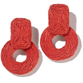 Statement Raffia Earrings Cute Boho Earrings Rattan Dangle Earrings Handmade Straw Wrap Earrings Summer Drop Dangling Earrings for Women(Red)