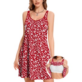 JOYSHAPER Built in Bra Summer Short Dresses Sleeveless Beach Dress Casual Sundress Vacation Dress with Pockets Red Floral