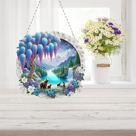 Meecaa Diamond Art Painting Wreath Kit with Tools, Bear Flower Mountain DIY 5D Special Shaped Diamond Crafts Window Wall Door Decoration (Bear)