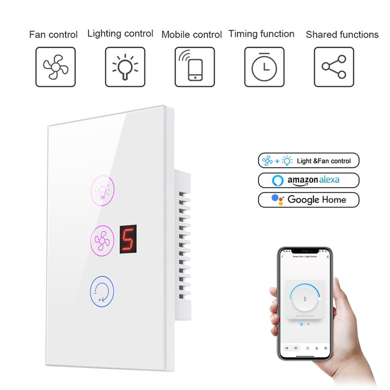 Tuya WiFi Intelligent Touched Screen Fan Light Switch Speed Adjustable