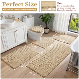 Homcomoda Bath Mats Sets 5 Piece, Boho Bathroom Rugs Absorbent Non Slip, Ultra Soft Bathroom Mat, Machine Washable Bath Rug Set with Toilet Cover, Bath Runner and U-Shaped Contour Toilet Rug, Beige