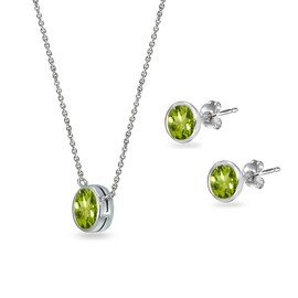 B. BRILLIANT Sterling Silver Peridot 5mm Round Bezel-Set Solitaire Small Dainty Choker Necklace and Stud Earrings Set for Women