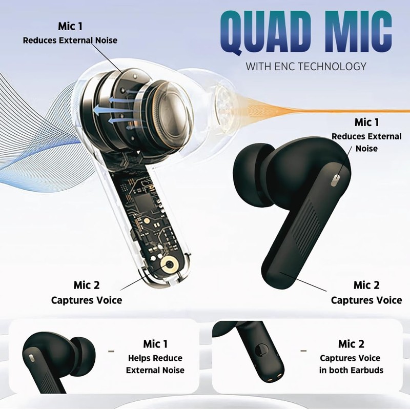 TRON TECH T13 Noise Cancelling Bluetooth 5.3 Wireless Earbuds, Smart