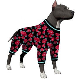 LovinPet Dog Pajamas for Medium & Large Dogs - Floral Navy & Ruby Print, Lightweight Pullover, Full Coverage, 3XL