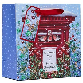 Partisan Products Traditional Christmas Robins and Post Box Gift Bag Square with Red Handle and Gift Tag Xmas Gift Wrap Medium