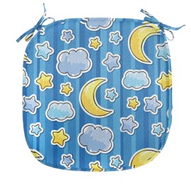 Ambesonne Cartoon Chair Seating Cushion Set of 2, Abstract Skyline with Stars Clouds and Crescent Moon Vertical Striped Doodle Art, Anti-Slip Seat Padding for Kitchen & Patio, 16"x16", Yellow Blue