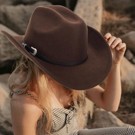 Western Cowboy Hat for Men Women Classic Fedora Hat with Buckle Belt (Size:M-L)