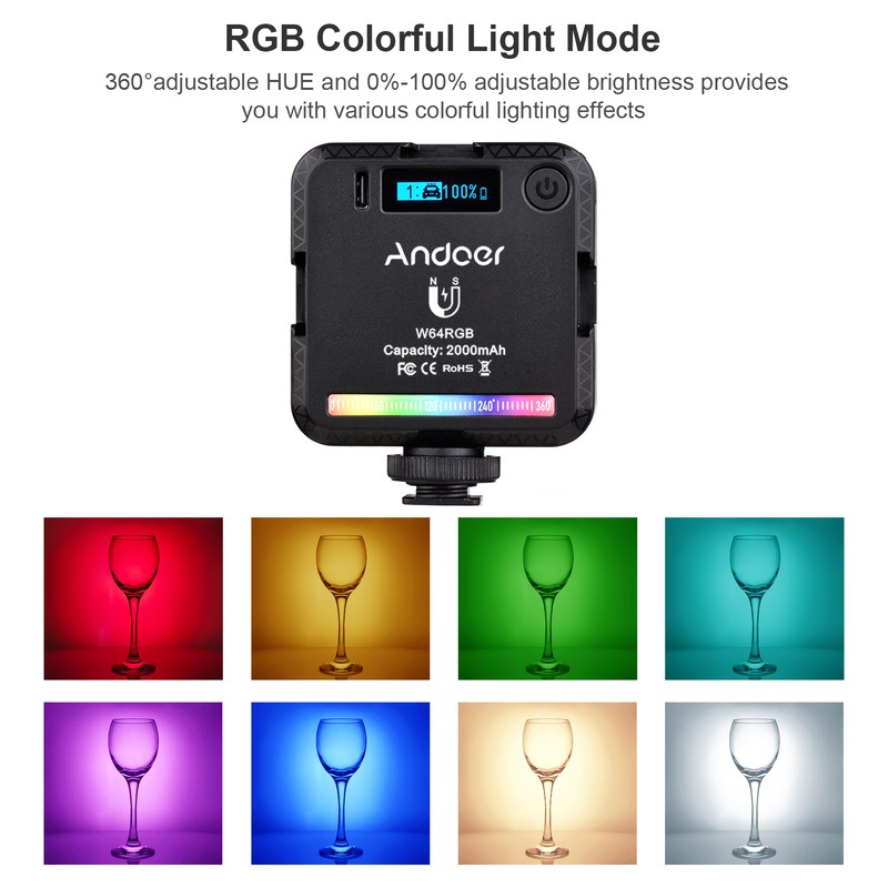 Andoer W64RGB Mini RGB LED Video Light Rechargeable Photography Fill