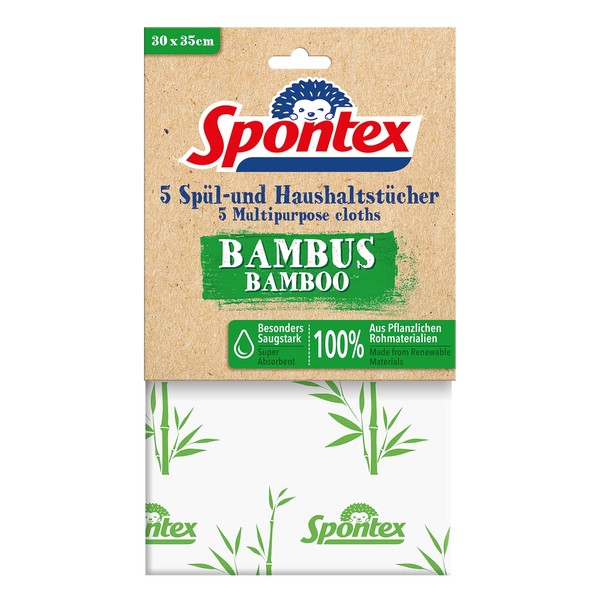 Spontex Bamboo Dish and Household Cloths Pack of 40, Made from 100% Renewable Raw Materials, Extremely Absorbent, Ideal for Wet and Dry Cleaning, Size 35 x 30 cm (8 x Pack of 5)
