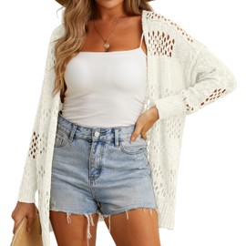 GRECERELLE Women's Summer Lightweight Open Front Knitted Cardigan Women's Long Crochet Jacket Beach Cover Up for Holiday, Pool, Beach and Party, White, XXL