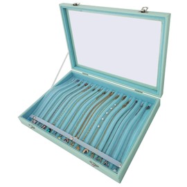 BesyPro Clear Lid Necklace Storage Box - Women Anti-Tangle 15 Hooks Necklace Organizer with Dividers & Elastic Ropes for Drawer Display Protection(Blue)