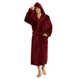 U2SKIIN Mens Fleece Hooded Robe Plush Bathrobe (Wine Red, S/M)