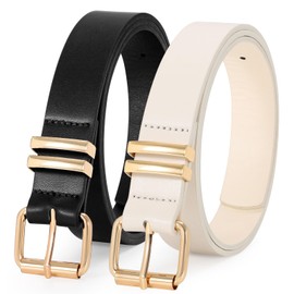 LEACOOLKEY 2 Pack Women Belts for Jeans,Ladies Leather Waist Belt for Pants Dresses with Gold/Silver Buckle,balck+beige,fit waist size 33"-37"