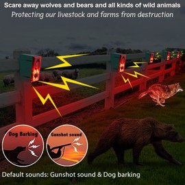 Solar Outdoor Motion Sensor Alarm - Dog Barking & Gunshot Sound 130db Motion Detector Alarm Light,with Remote Controller for Home, Villa,Yard,Chicken coop,Farm,Barn