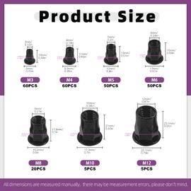 Swpeet 250Pcs 7 Sizes Black M3 M4 M5 M6 M8 M10 M12 Metric Thread Half Hexagonal Carbon Steel Zinc-Plated Rivet Nuts Assortment Kit, Flat Head Threaded Insert Nut Assort