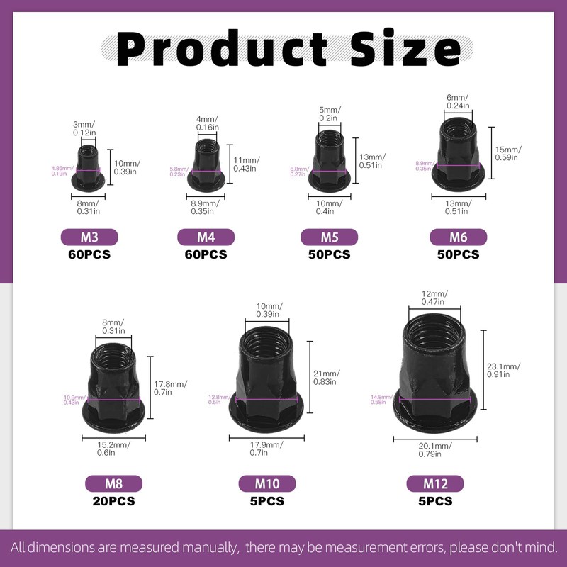 Swpeet 250Pcs 7 Sizes Black M3 M4 M5 M6 M8