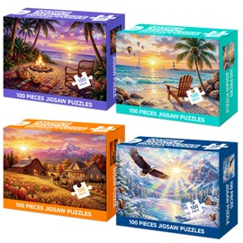 4 Packs 100 Piece Puzzle, Beach Harvest Winter Campfire 100 Piece Puzzles for Adults Seniors, Nature Landscape Large Piece Jigsaw Puzzles 100 Pieces for Seniors Adults Family Game Gifts (15x10 in)