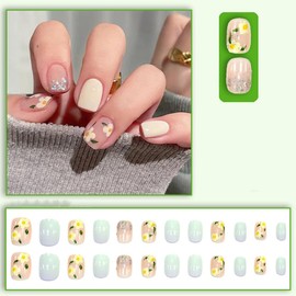 24 Pcs Press on Nails Short Square - MINGCHUN Fall Winter Matte Fake Nails Press ons French Nail Tips Flower Glitter Design Full Cover Autumn False Nails Glue on Nail Tip Art Kit for Women Manicure
