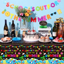 HunnmingRe 3 Pcs School's out for The Summer Party Decorations End of School Year Decorations 54 x 108" Plastic Tablecloth and Banner for Summer Vacation Pool Beach Graduation Preschool Party Favors