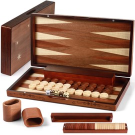 Handcrafted Wooden Backgammon Set - 16x15.3inch, Oversized Pieces, Intricate Carvings, Premium Travel Game Board for Adults & Kids (Star)