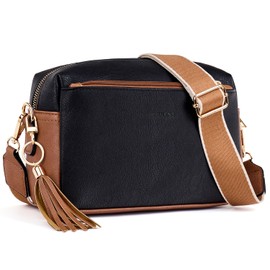Roulens Small Crossbody Bag with 3 Zip Compartments,Vegan Leather Phone Bag for Women,Shoulder Bag with Adjustable and Removable Wide Strap