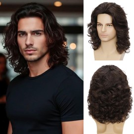 Sabosi Men Brown Wig Curly Natural Medium-Length Wavy Synthetic Hair Wig with Middle Part, Heat Resistant, Retro Style for Daily Wear, Cosplay, Halloween Costume, Party