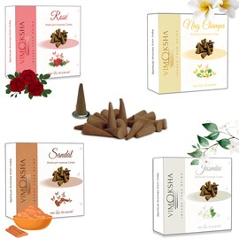 Vimoksha Dhoop-Incense-Cone-Variety-Pack-Total-240-Cone-(4 Scents x 60 Cones)-100%-Natural-Handmade-Free-Stand-Rose-Jasmine-Nagchampa-Sandal-for-Purification-Relaxation-Positivity-Yoga-Meditation