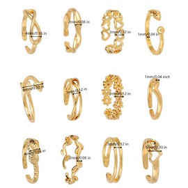 Mikovivi 12pcs Gold Toe Ring Set, 12 Styles Adjustable Open Toe Ring Elegant Summer Beach Foot Jewelry for Women Beach Party Summer Camp Gift